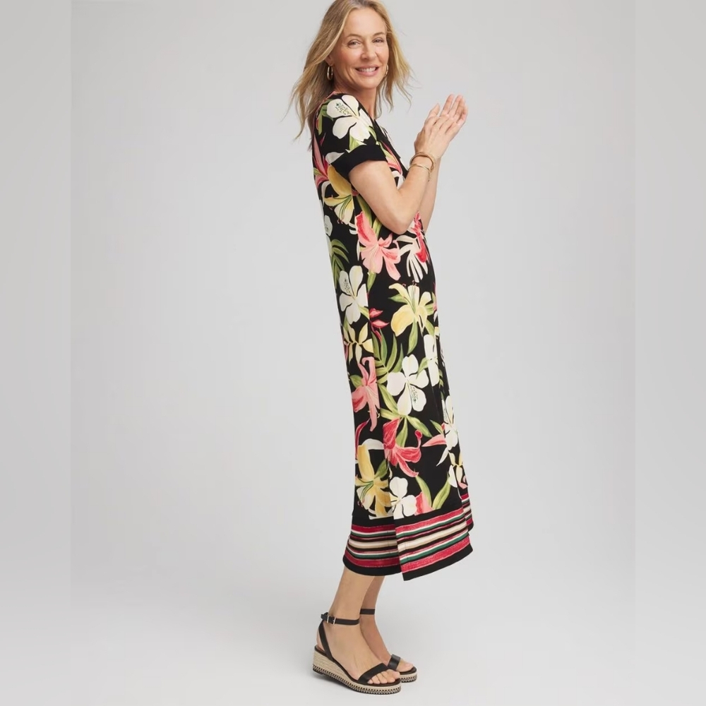 Chico's Black Midi Dress with Pink, Cream and Yellow Floral Print - Picture 2 of 9